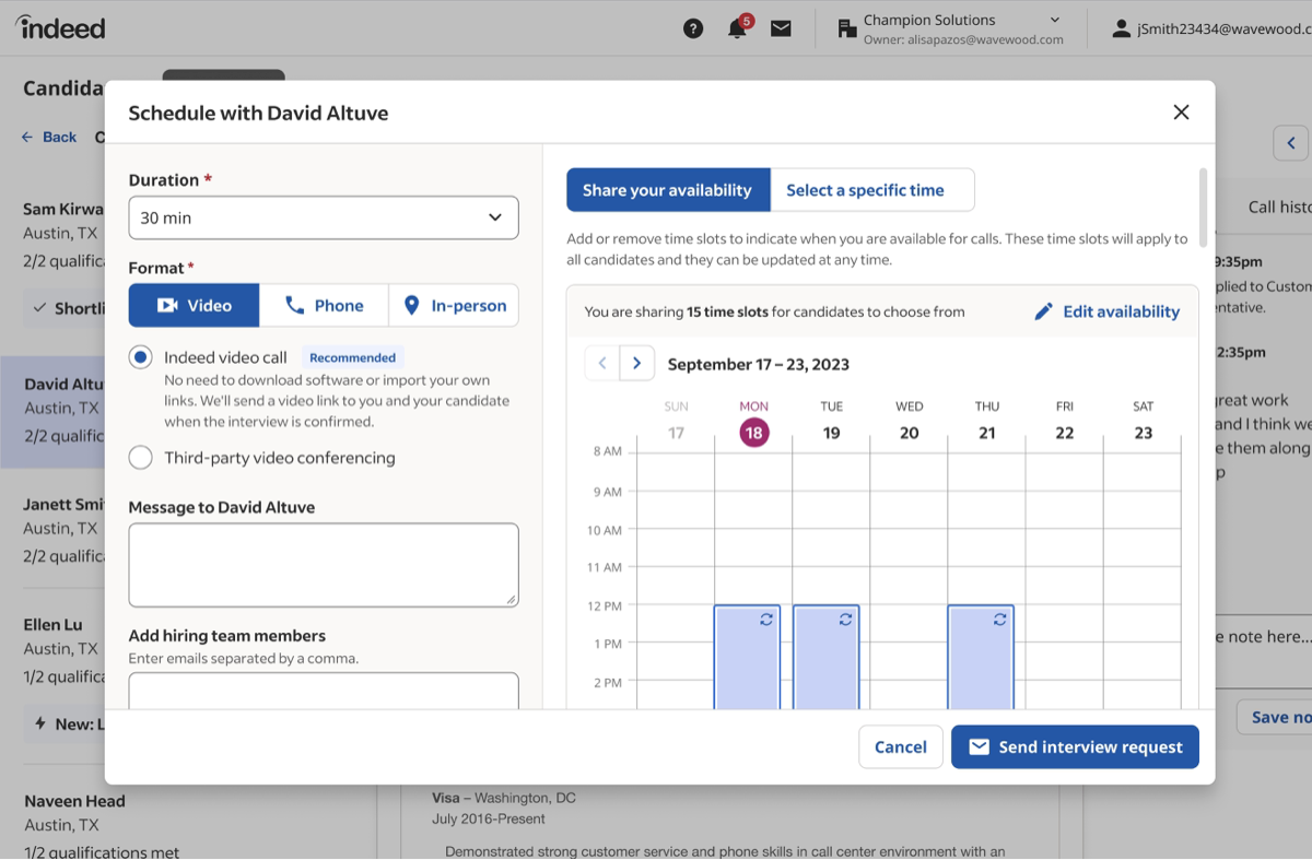 Indeed.com interface with the interview scheduling modal open